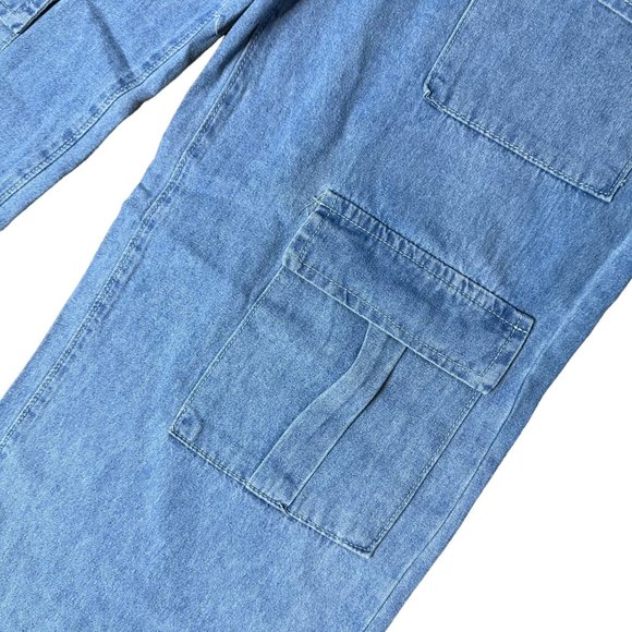 Womens Cargo Jeans Size XL Blue Wide Leg High Rise Multiple Pockets - Picture 11 of 15